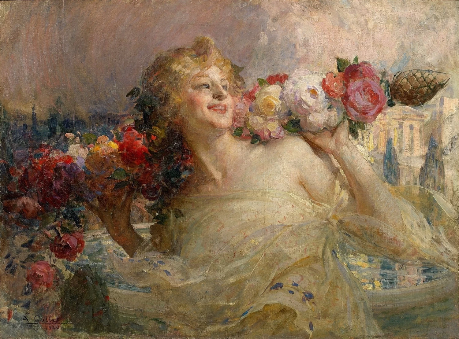 Donna con ramo fiorito in un paesaggio